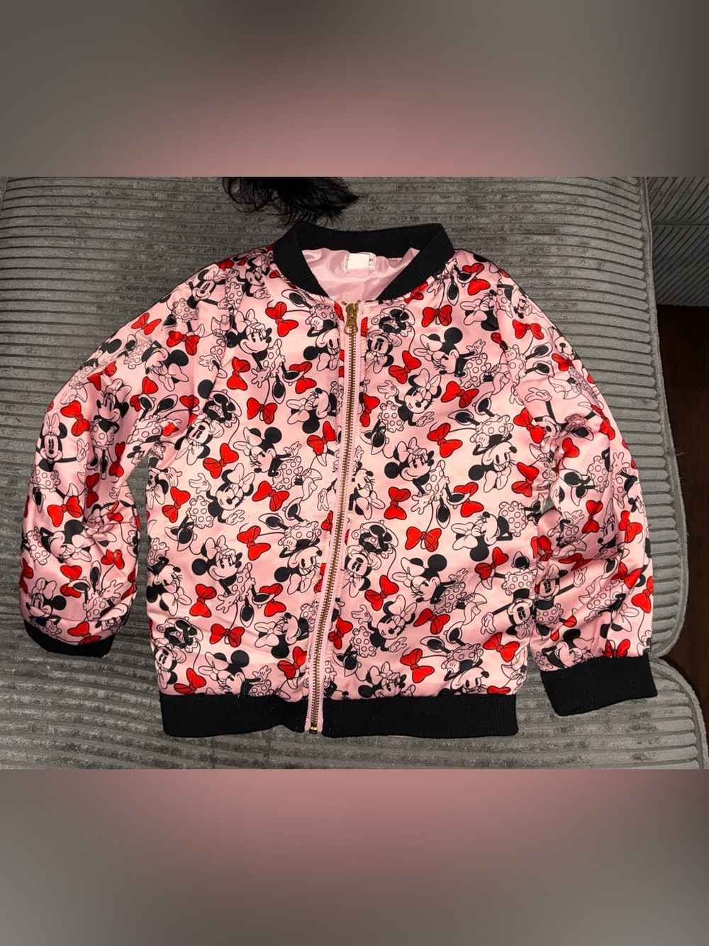 Disney Pink Minnie Mouse Puffer Jacket with Red Bow Print